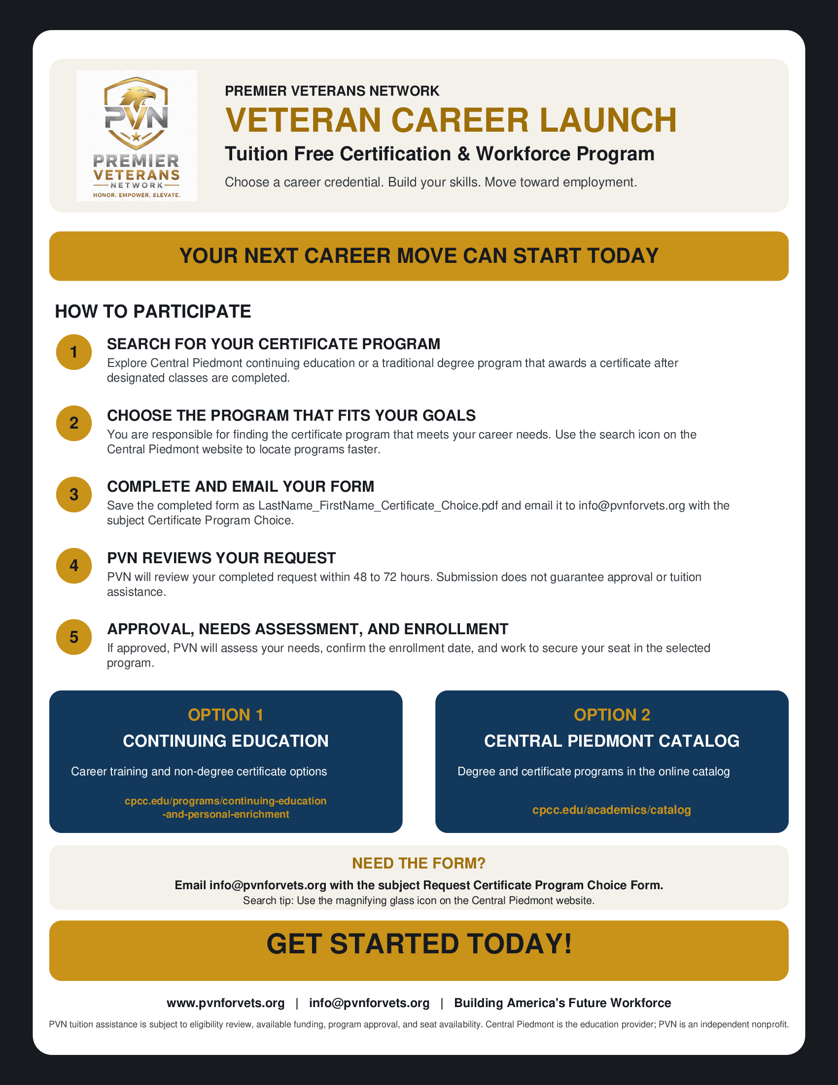 Preview of the PVN Veteran Career Launch tuition free certification and workforce program flyer